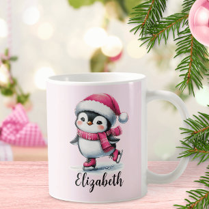 Pink Custom Cute Ice Skating Penguin Christmas Coffee Mug
