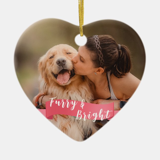 Pink Custom Dog Photo 2-sided Happy Pawlidays  Ceramic Ornament (Front)