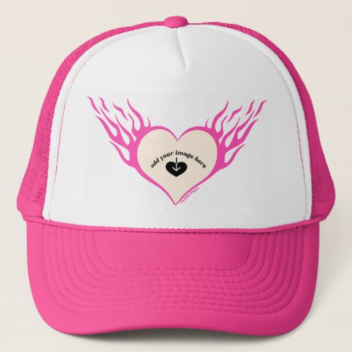 Pink Custom Flaming Heart  Trucker Hat - Pink y2k flaming heart with customizing inside the heart with any picture like a girlfriend, pet, boyfriend or special someone or even yourself! Expressing self love. 
