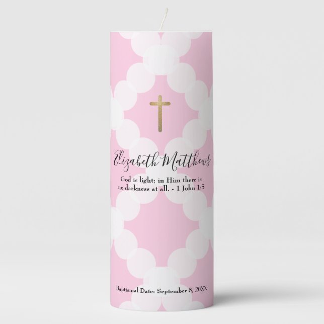 Pink custom God is light bible verse Baptism Pillar Candle (Front)