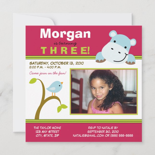 Pink Custom Hippo & Birdie Birthday Party Invite (Front)