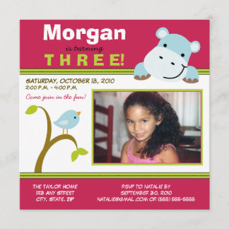 Pink Custom Hippo & Birdie Birthday Party Invite