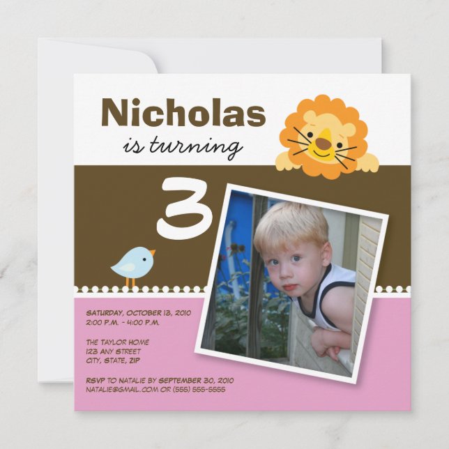 Pink Custom Lion & Birdie Birthday Party Invite (Front)