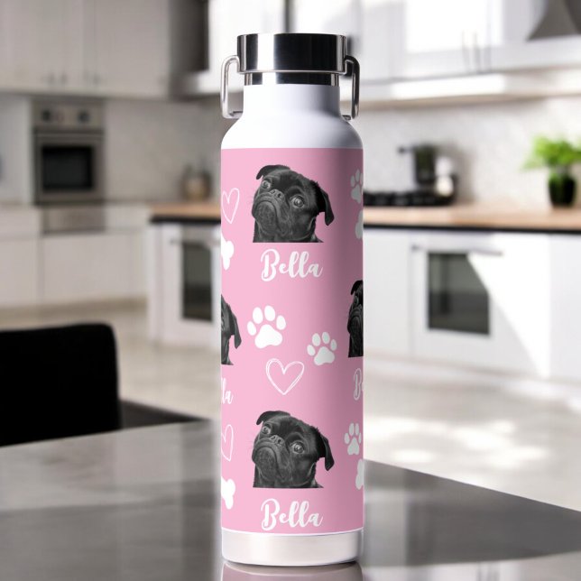 Pink Custom Love Paw Print Dog Lover Pet Photo Water Bottle (Creator Uploaded)