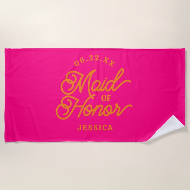 Pink Custom Minimalist Maid of Honor Beach Towel (Front)
