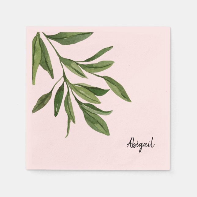 Pink Custom Name Foliage Cocktail Napkins (Front)