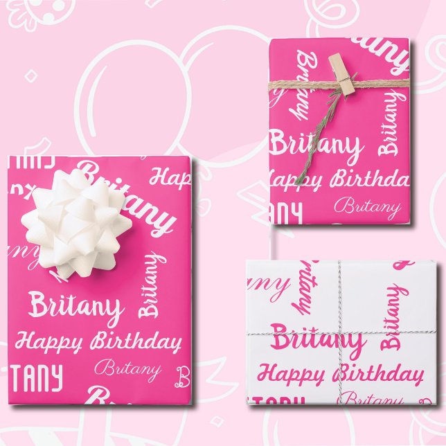 PINK Custom NAME Happy Birthday Girl's Gift 3 Wrapping Paper Sheets (Creator Uploaded)