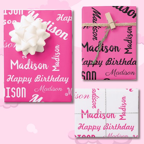 PINK Custom NAME Happy Birthday Girls Gift 3 Wrapping Paper Sheets