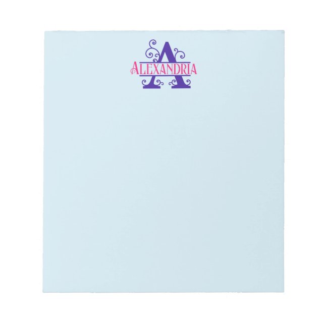 Pink Custom Name Purple Floral Monogram Personal  Notepad (Front)