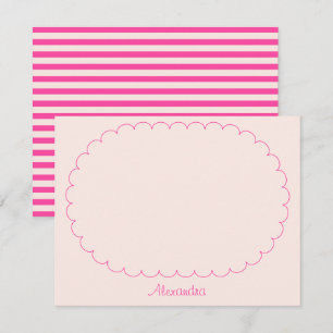 Pink Custom Name Script Stripes & Scalloped Frame Note Card