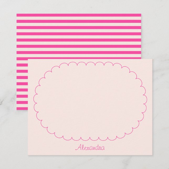 Pink Custom Name Script Stripes & Scalloped Frame Note Card (Front/Back)