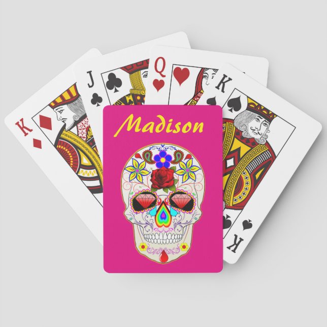 Pink Custom Name Sugar Skull Mexican Art Poker Cards (Back)