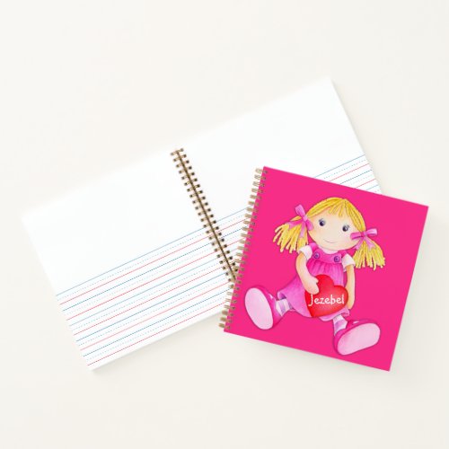 Pink custom name toy rag doll watercolor notebook