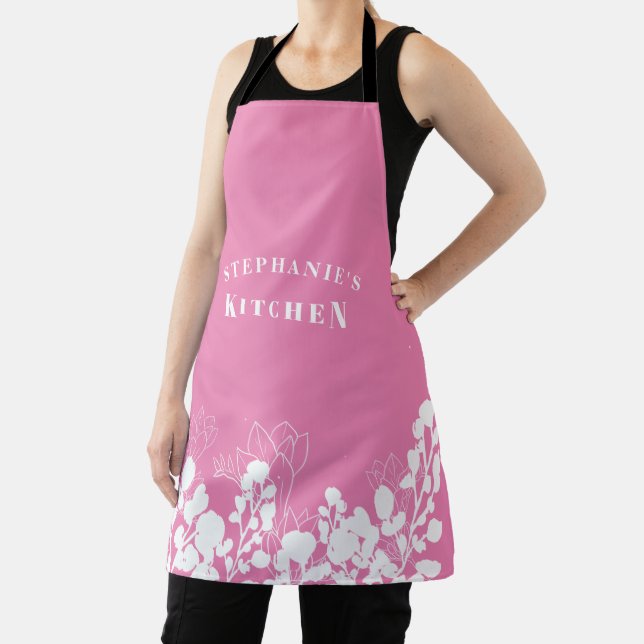 Pink Custom Name White Floral Apron (Insitu)