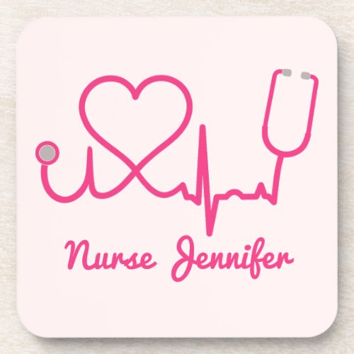 Pink Custom Nurse Name Stethoscope Heart Life Line Beverage Coaster