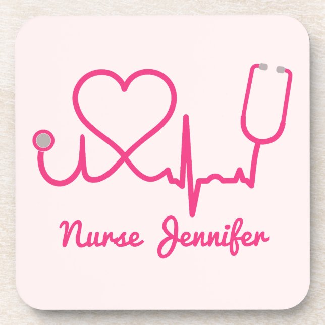 Pink Custom Nurse Name Stethoscope Heart Life Line Beverage Coaster (Front)