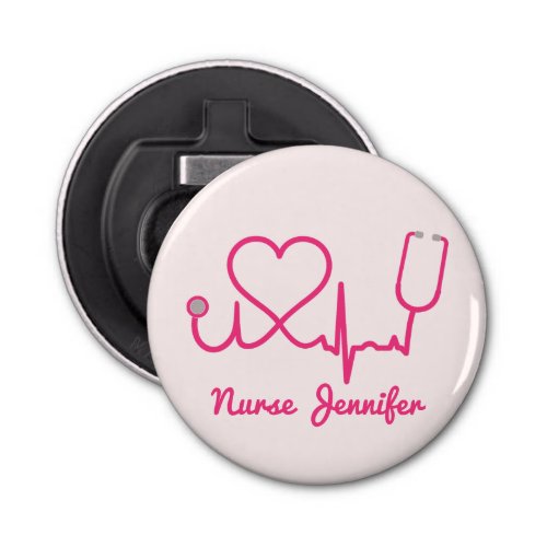 Pink Custom Nurse Name Stethoscope Heart Life Line Bottle Opener