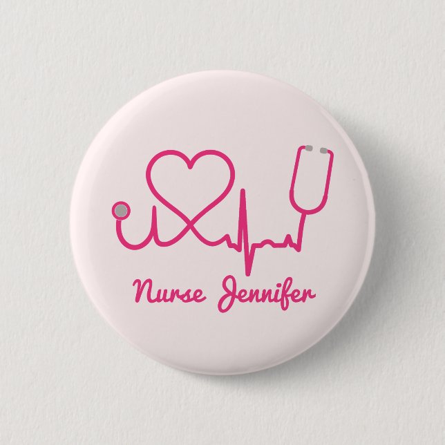 Pink Custom Nurse Name Stethoscope Heart Life Line Button (Front)