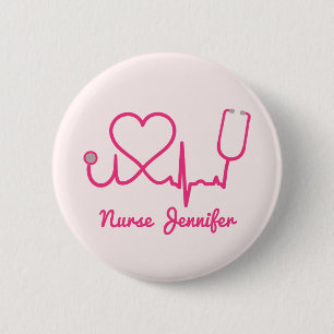 Pink Custom Nurse Name Stethoscope Heart Life Line Button