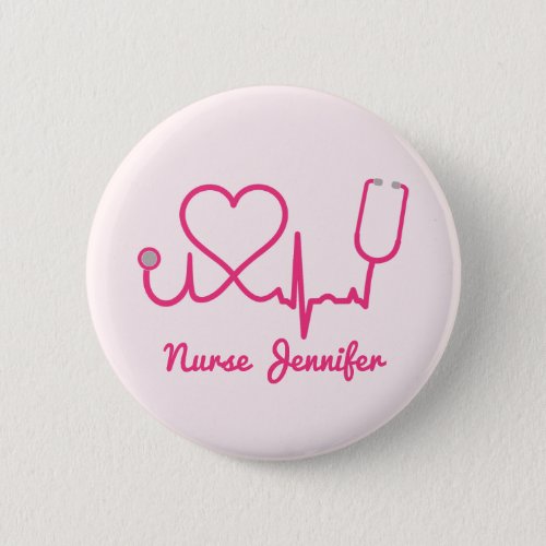 Pink Custom Nurse Name Stethoscope Heart Life Line Button