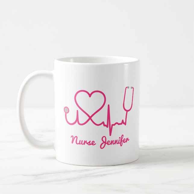 Pink Custom Nurse Name Stethoscope Heart Life Line Coffee Mug (Left)