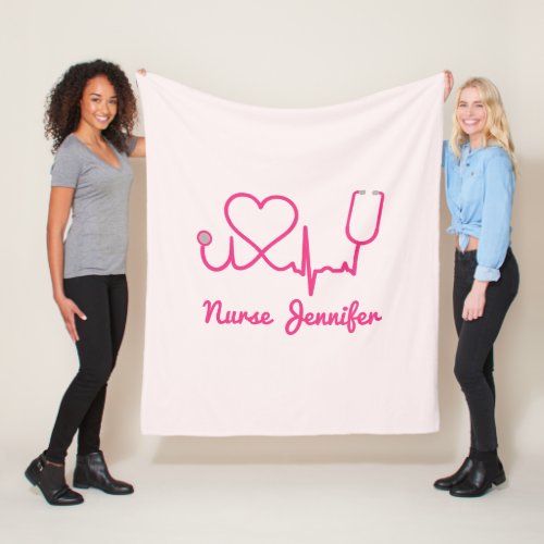 Pink Custom Nurse Name Stethoscope Heart Life Line Fleece Blanket