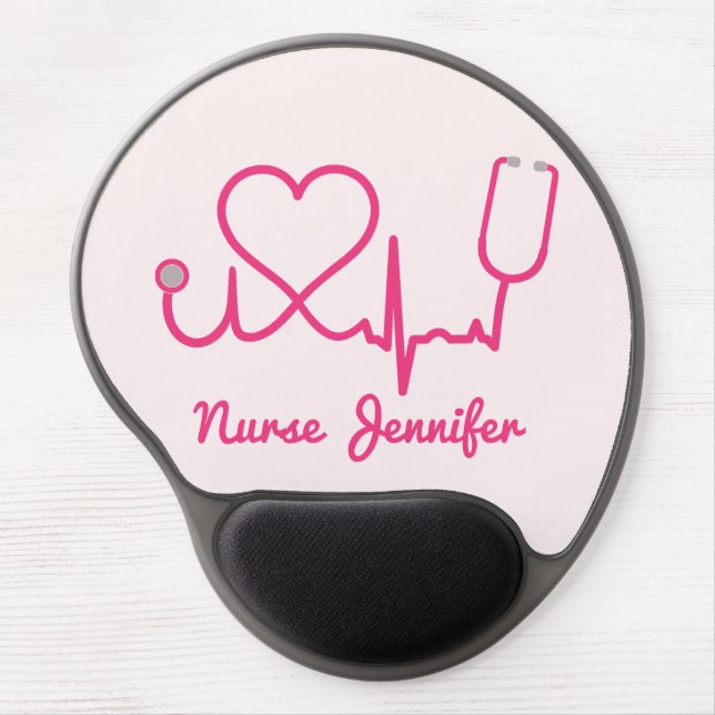 Pink Custom Nurse Name Stethoscope Heart Life Line Gel Mouse Pad (Front)