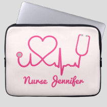 Pink Custom Nurse Name Stethoscope Heart Life Line Laptop Sleeve