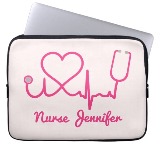 Pink Custom Nurse Name Stethoscope Heart Life Line Laptop Sleeve