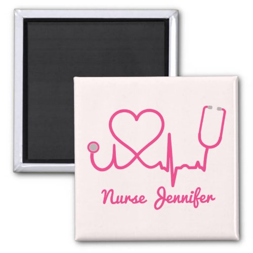 Pink Custom Nurse Name Stethoscope Heart Life Line Magnet