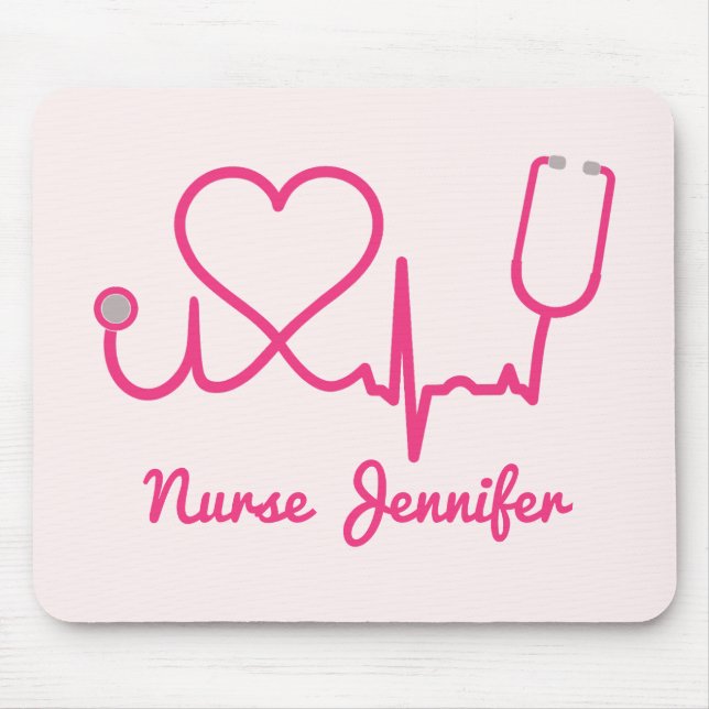 Pink Custom Nurse Name Stethoscope Heart Life Line Mouse Pad (Front)