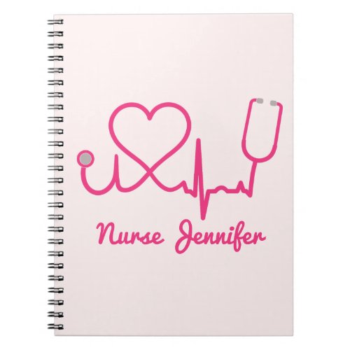 Pink Custom Nurse Name Stethoscope Heart Life Line Notebook