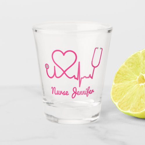 Pink Custom Nurse Name Stethoscope Heart Life Line Shot Glass