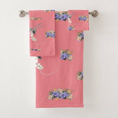 Pink custom personalized monogram floral   bath towel set
