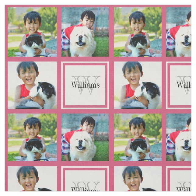Pink Custom Personalized Photo Collage Monogram Fabric (Swatch)