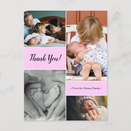 Pink Custom photo collage second baby announcement Postcard