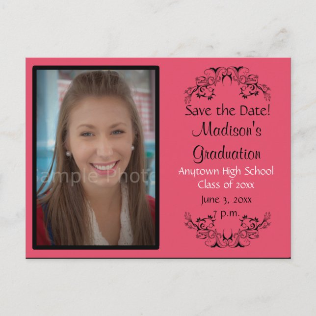Pink Custom Photo Graduation Save the Date Card (Front)