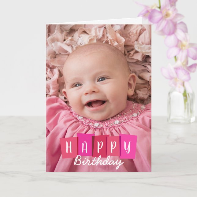 Pink Custom Photo Happy Birthday Greeting Card (Orchid)
