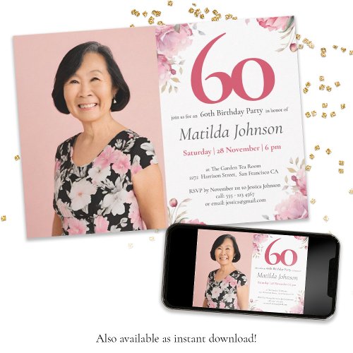 Pink Custom Photo Watercolor Floral 60th Birthday  Invitation
