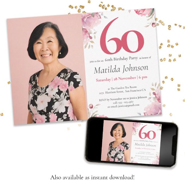 Pink Custom Photo Watercolor Floral 60th Birthday  Invitation (60th Birthday Watercolor Floral Pink Custom Photo Invitation)