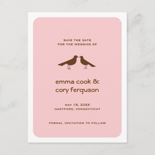 Pink custom save the date love birds flat card (Front)