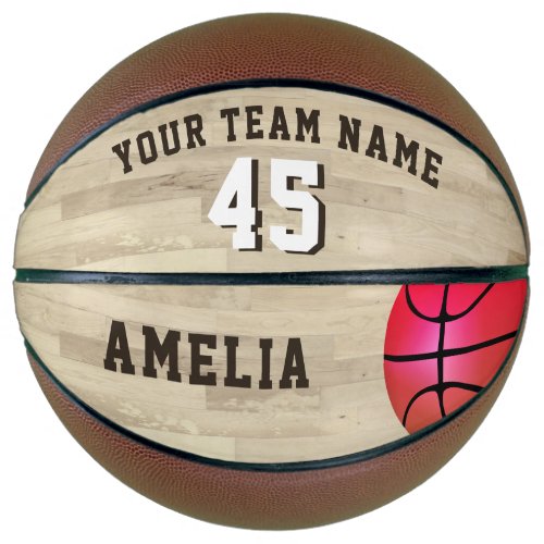 Pink Custom Team Name Number Wood Floor Basketball