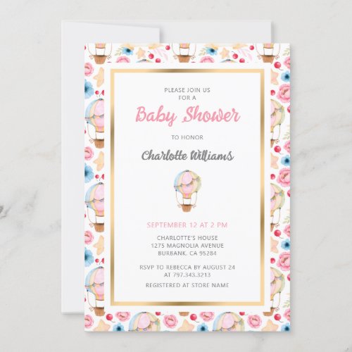 Pink Custom Watercolor Hot Air Balloon Baby Shower Invitation