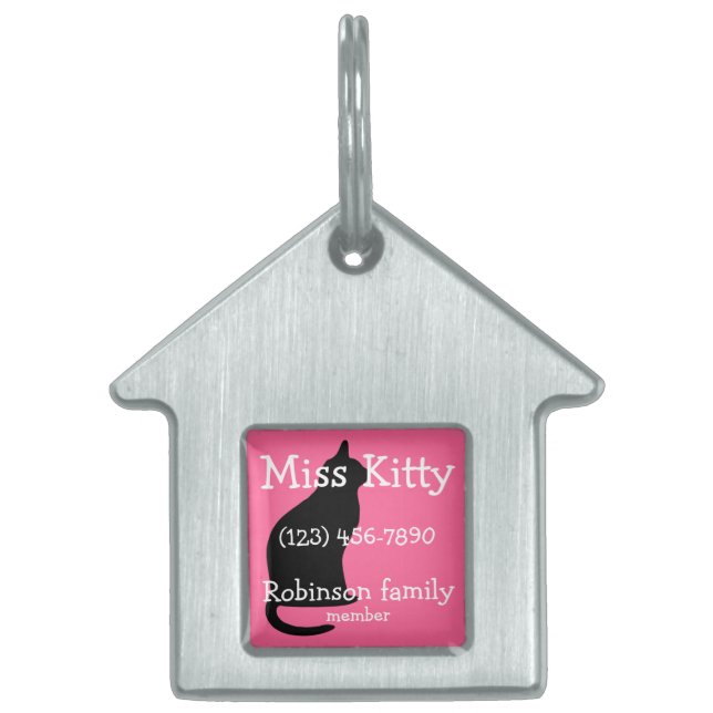 Pink Customizable Pet ID Tag: Cat Silhouette Tag (Front)