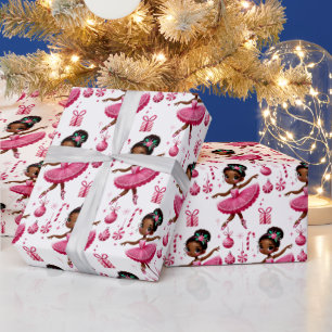 Pink Cute African American Ballerina Christmas Wrapping Paper