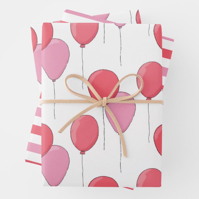 Pink cute air balloon kids birthday party pattern wrapping paper sheets (In situ)