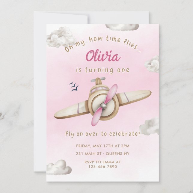 Pink Cute Airplane Oh My Time Flies Girl Birthday Invitation (Front)