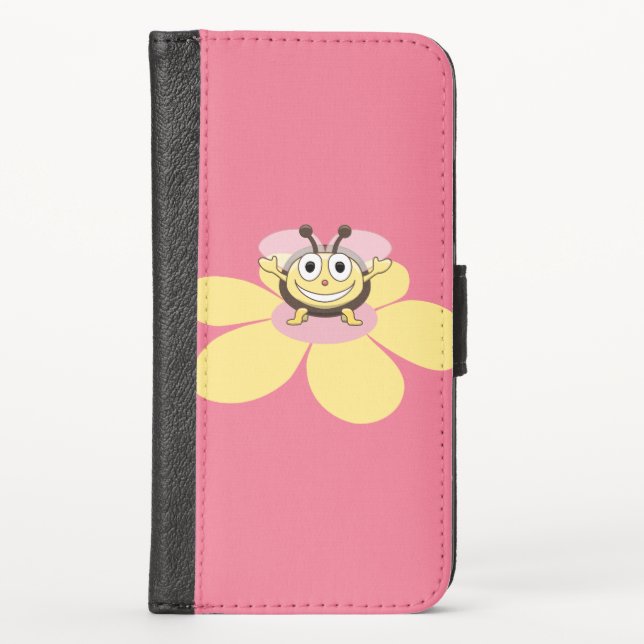 Pink Cute And Happy Cartoon Bee iPhone Wallet Case (Front)
