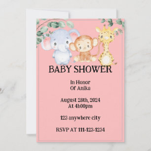 Pink Cute animals baby shower invitation 