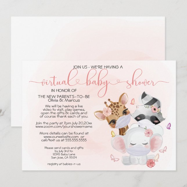 Pink Cute Animals in Masks Virtual Baby Shower Invitation (Front/Back)